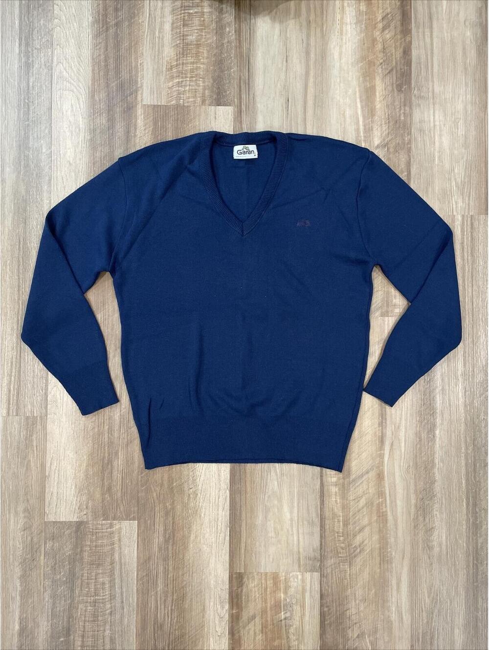 VTG Garan 80s 90s Navy Blue Knit Sweater V-Neck Size Medium Tiger Logo USA made